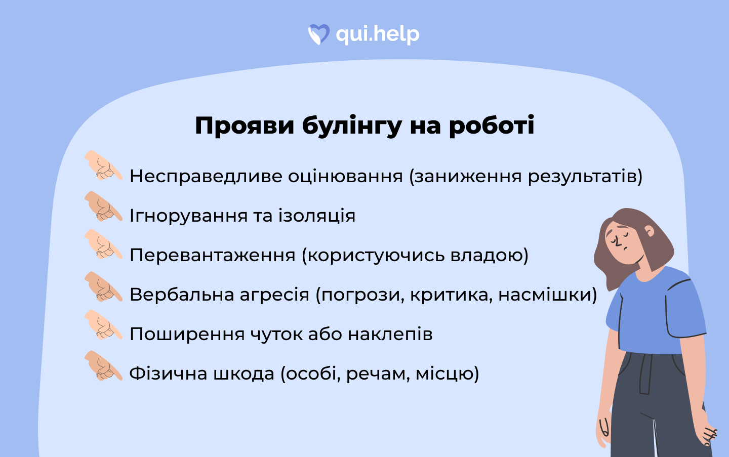 прояви булінгу на роботі Несправедливе оцінювання (заниження результатів) Ігнорування та ізоляція Перевантаження (користуючись владою) Вербальна агресія (погрози, критика, насмішки) Поширення чуток або наклепів Фізична шкода (особі, речам, місцю)