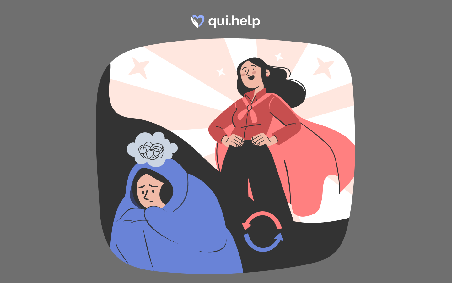 Ілюстрація, що символізує біполярний розлад: одна й та сама жінка зображена у двох контрастних станах. Ліворуч &mdash; вона згорнута, закутана в ковдру, з пригніченим настроєм і заплутаними думками над головою, що уособлює депресивну фазу. Праворуч &mdash; упевнена, енергійна жінка в яскравому одязі з розправленими плечима та світлим фоном, що символізує маніакальну або гіпоманіакальну фазу. Між станами &mdash; стрілки циклу, які показують зміну фаз настрою. Логотип qui.help зверху.